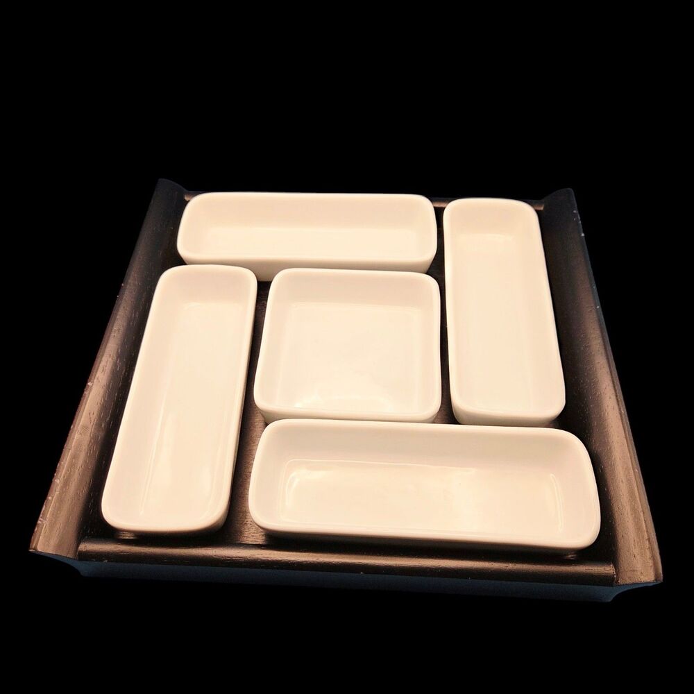 Crate & Barrel 5-Piece Appetizer Serving Set Wood Tray Porcelain Bowls